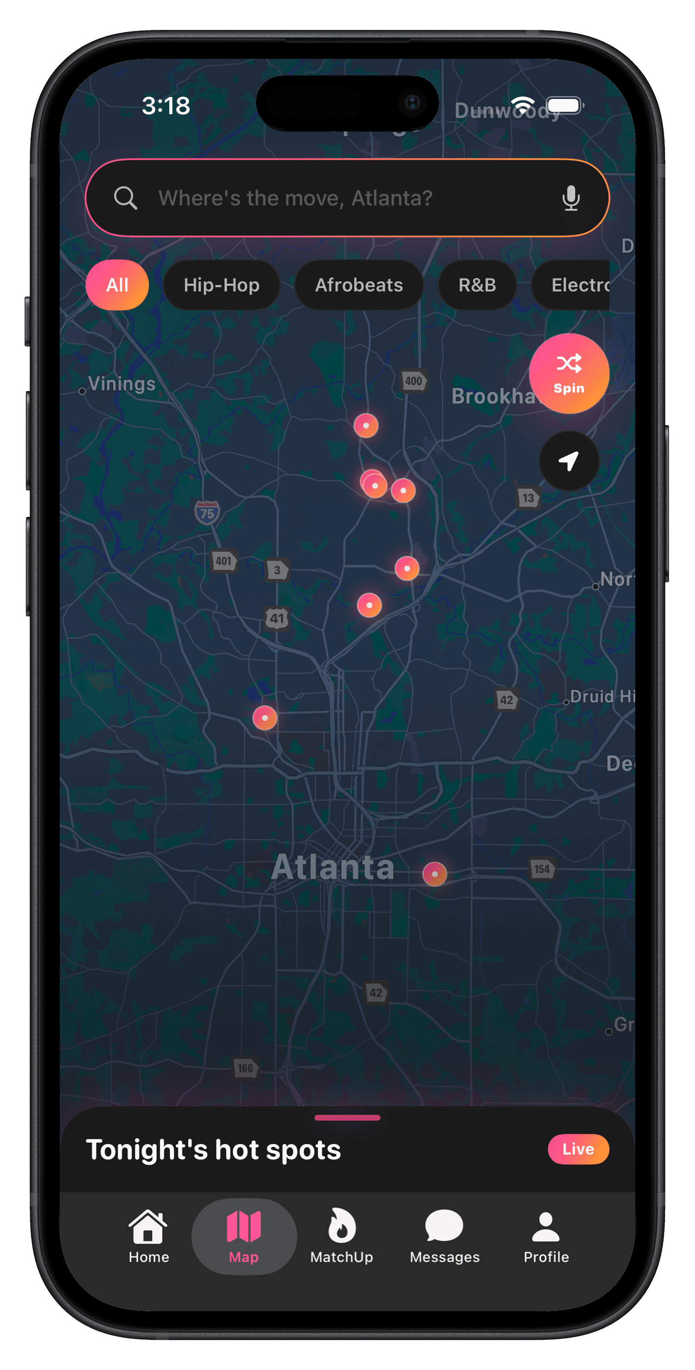 iPhone 17 Pro simulator screenshot of the ATL Party App map